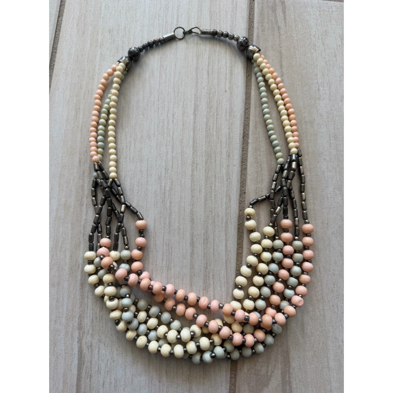Boho Multi Strand Beaded Necklace Pastel Peach Green Layered Statement 30$